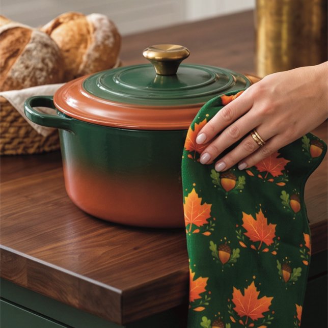 Dark Green Autumn Maple Leaf & Acorn Tea Towel (Creator Uploaded)