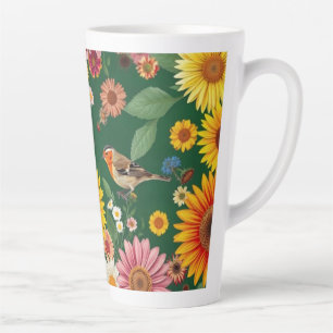 Dark Green Background Birds And Flowers Latte Mug