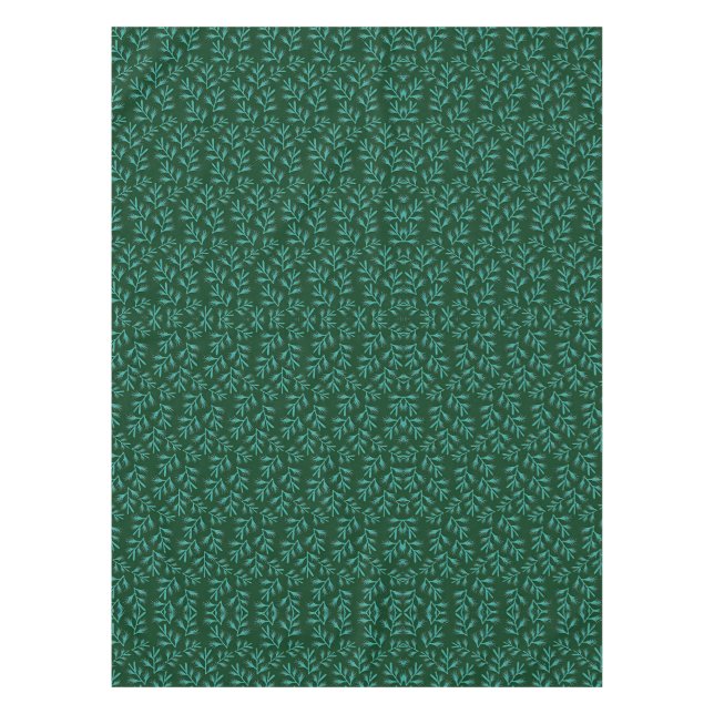  Dark Green Background with Teal Botanical Leaves Tablecloth (Front)
