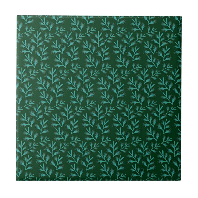  Dark Green Background with Teal Botanical Leaves Tile (Front)