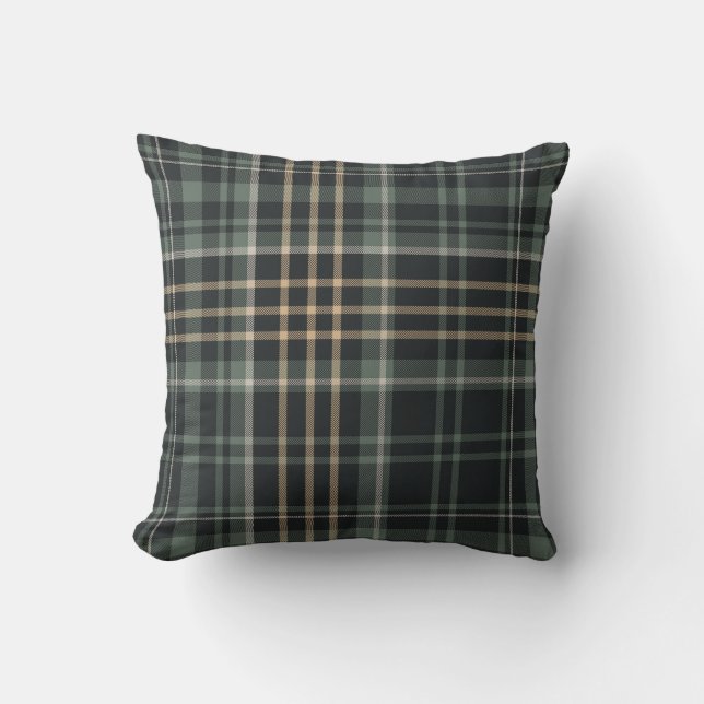 Dark Green Beige Plaid Cushion (Front)