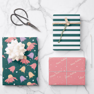 Dark Green Bell Flowers Pattern with text Set Wrapping Paper Sheet