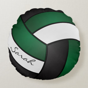 Dark Green, Black and White Volleyball DIY Name Round Cushion