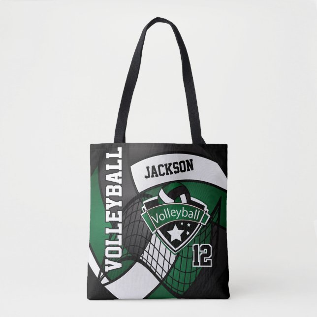 Dark Green, Black and White Volleyball Tote Bag (Front)