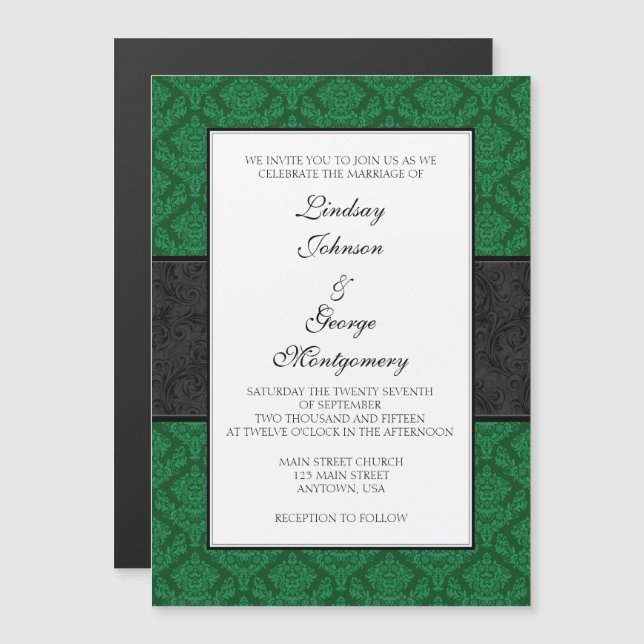 Dark Green Black Damask Magnetic Wedding Invites (Front/Back)