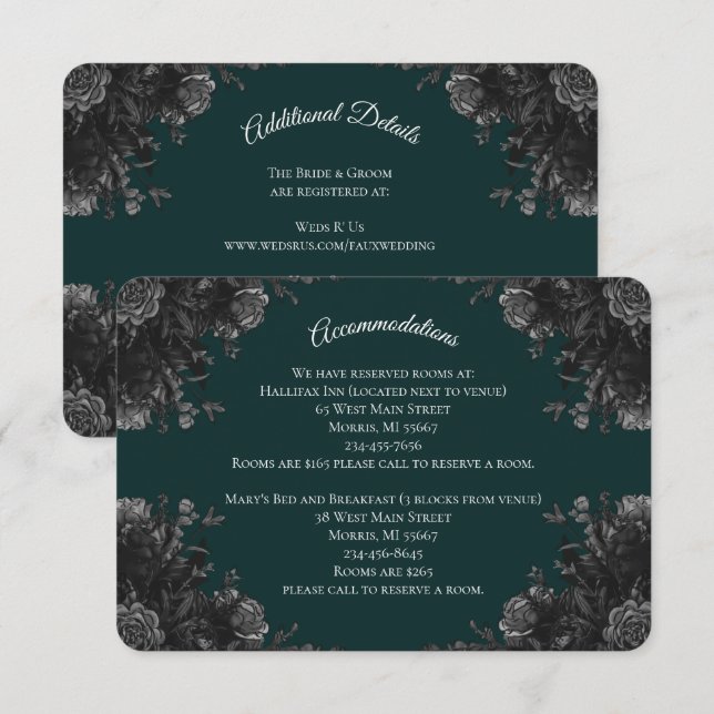Dark Green Black Gothic Roses Wedding Enclosure Card (Front/Back)