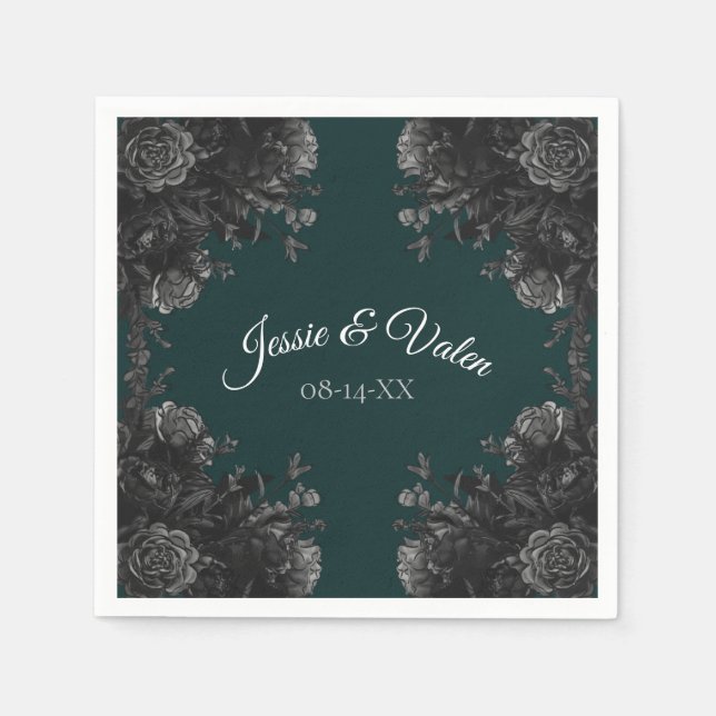 Dark Green Black Gothic Roses Wedding Napkin (Front)
