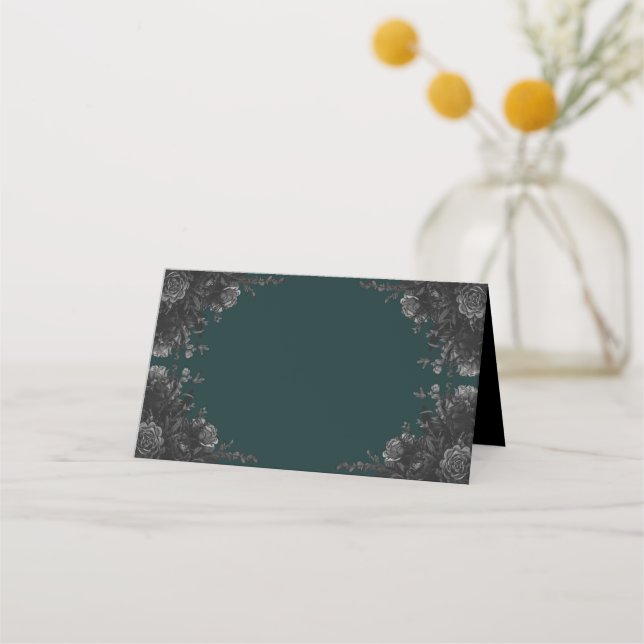 Dark Green Black Gothic Roses Wedding Place Card (Front)