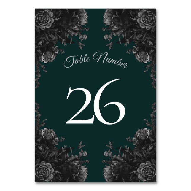 Dark Green Black Grey Roses Gothic Wedding Table Number (Back)