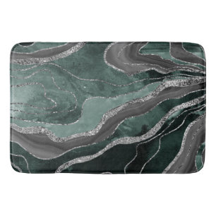 Dark Green Black Marble Agate Silver Glitter Glam  Bath Mat
