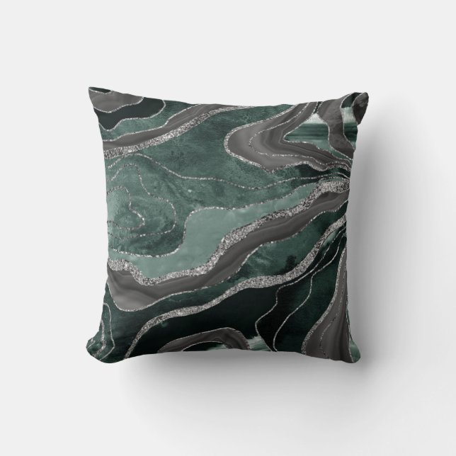 Dark Green Black Marble Agate Silver Glitter Glam  Cushion (Front)
