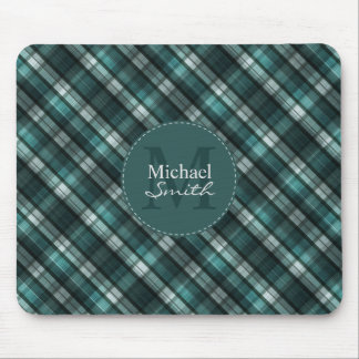 Dark Green (Blue Green) Plaid Striped Monogram Mouse Pad