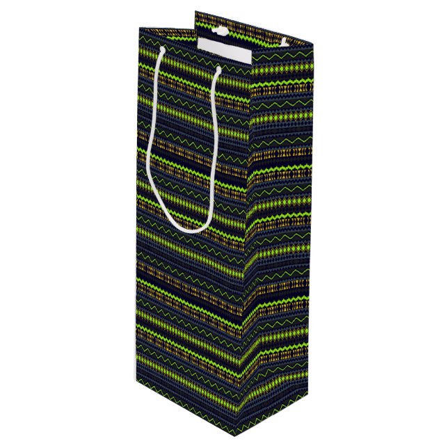 DARK GREEN & BLUE TRIBAL PATTERNS WINE GIFT BAG (Front Angled)