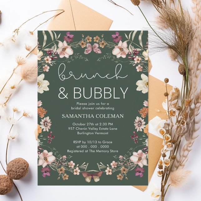 Dark Green Boho Wildflower Bridal Shower Brunch Invitation (Creator Uploaded)