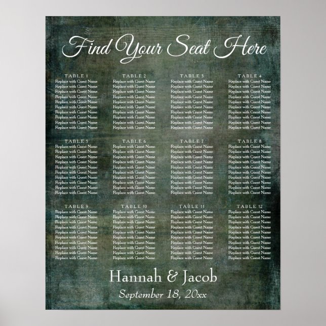 Dark Green & Brown Grunge Reception Seating Chart (Front)