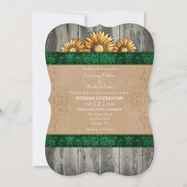 Dark Green Brown Rustic Sunflower Wedding Invite (Front)