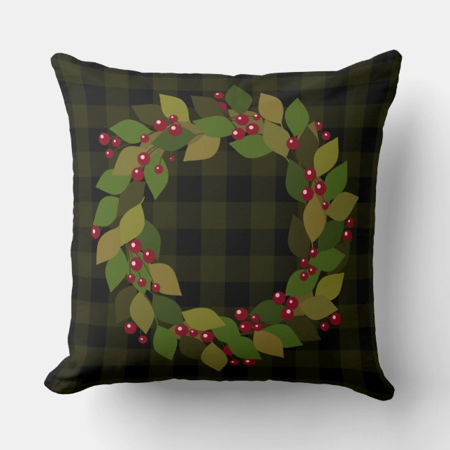 Dark Green Buffalo Plaid | Leaves,  Berries Wreath Cushion (Front)