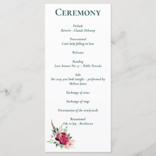 Dark Green, Burgundy & Blush Boho Floral Program Programme