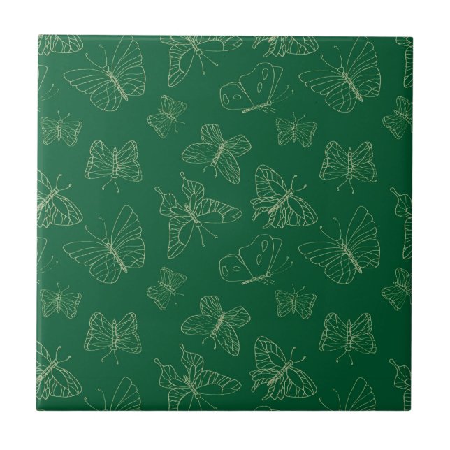 Dark Green Butterfly Print, Nature Inspired Cerami Tile (Front)