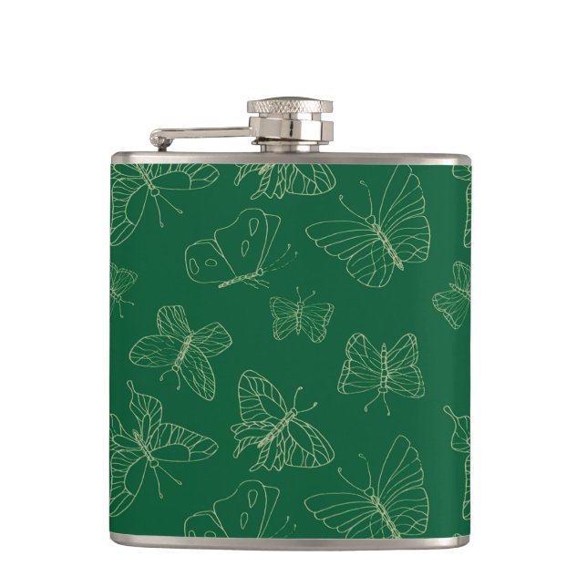 Dark Green Butterfly Print, Nature Inspired Hip Flask (Front)