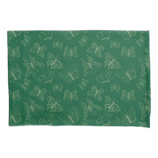 Dark Green Butterfly Print, Nature Inspired Pillowcase (Front)