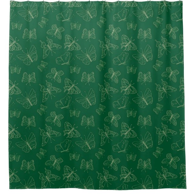 Dark Green Butterfly Print, Nature Inspired Shower Curtain (Front)