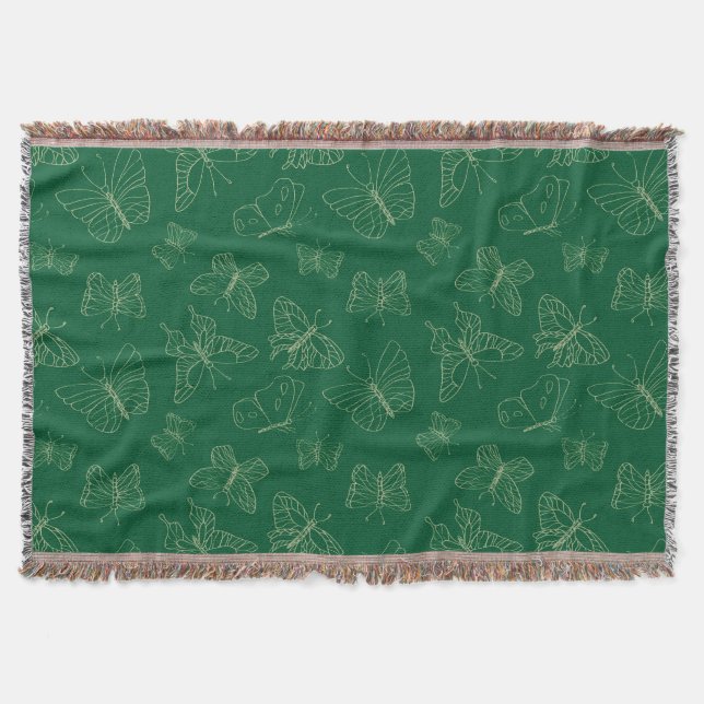 Dark Green Butterfly Print, Nature Inspired Throw Blanket (Front)