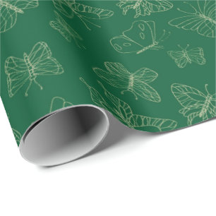 Dark Green Butterfly Print, Nature Inspired Wrapping Paper