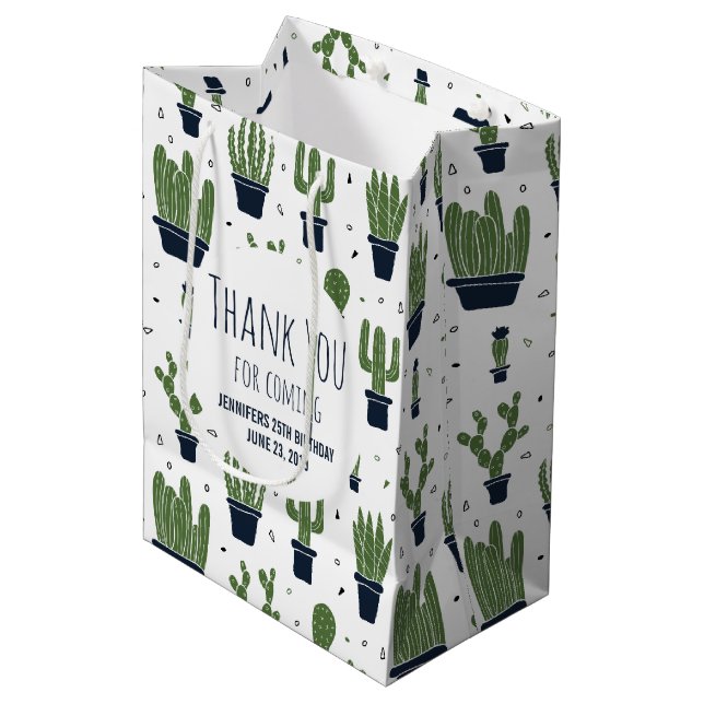 Dark Green Cactus Desert Pattern Birthday Favour Medium Gift Bag (Front Angled)