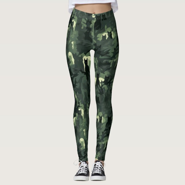 Dark Green Cat Camouflage Leggings (Front)