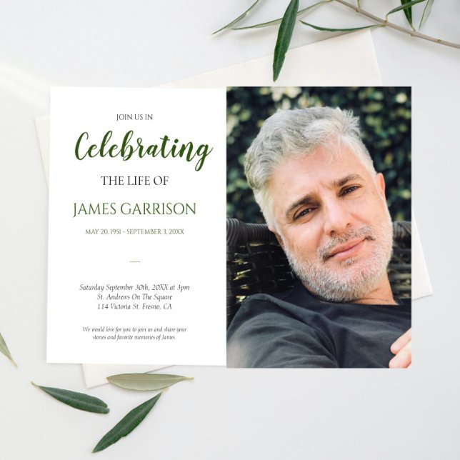 Dark Green Celebration of Life With Photo Funeral Invitation (Creator Uploaded)