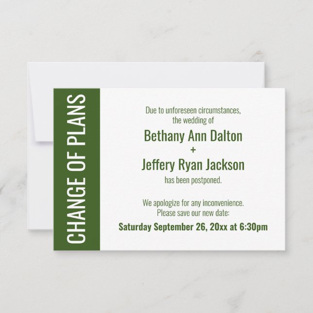 Dark Green Change of Plans Postponed Wedding Card (Front)