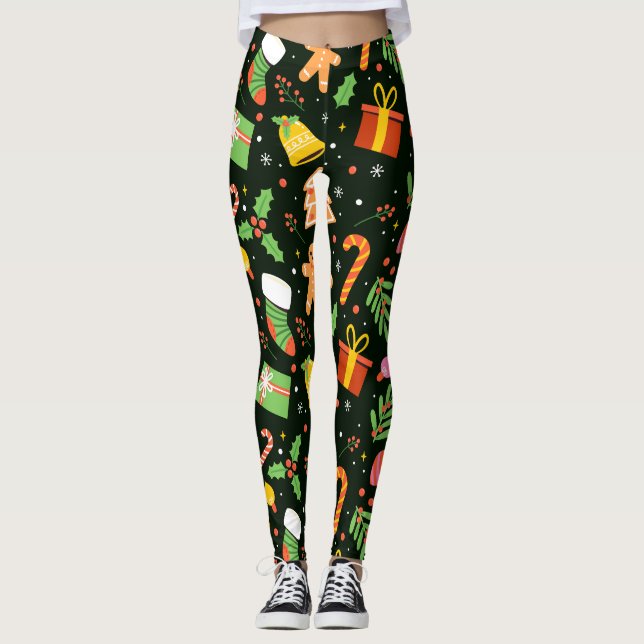 Dark Green Christmas Abstract Pattern Leggings (Front)