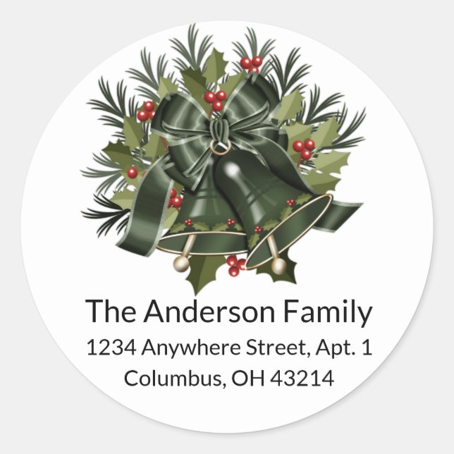 Dark Green Christmas Bell - White Round Label (Front)
