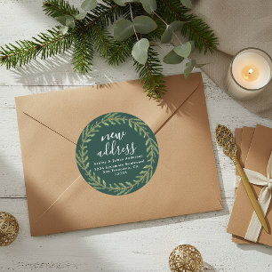 Dark Green Christmas Greenery New Address Classic Round Sticker