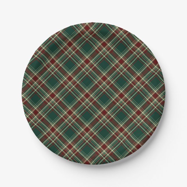 Dark Green Christmas Plaid Pattern Paper Plate (Front)