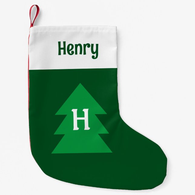 Dark Green Christmas Tree Custom Initial Elegant Small Christmas Stocking (Front)
