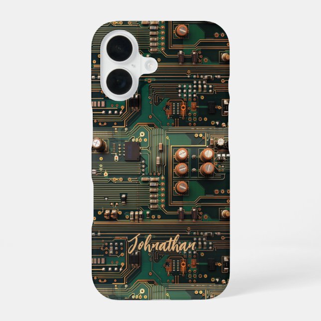 Dark Green Circuit Board Pattern Custom iPhone 16 Case (Back)