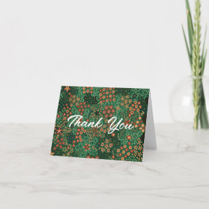 Dark Green Coral Red Floral Pattern Wedding Photo Thank You Card