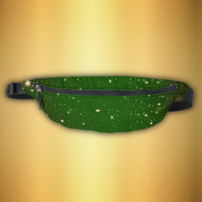 Dark Green covered in Bright Golden Twinkle Stars Bum Bags (Bright twinkle gold stars on dark green celestial themed fanny pack.)