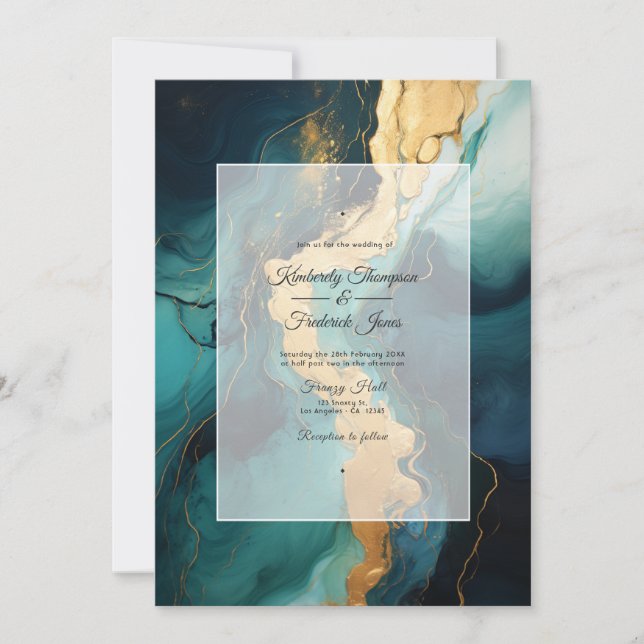 Dark Green, Cream and Gold Ink Wedding Invitation (Front)