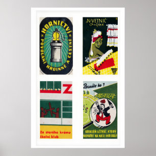 Dark Green Czechoslovak Matchbox Labels Grid Poster