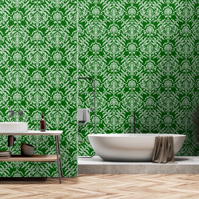 Dark Green Damask Colour Peel and Stick Removable Wallpaper (Bathroom)