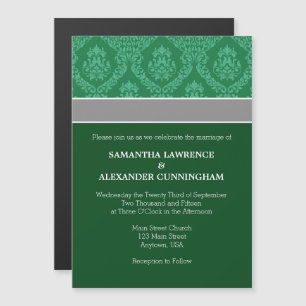 Dark Green Damask Magnetic Wedding Invitation
