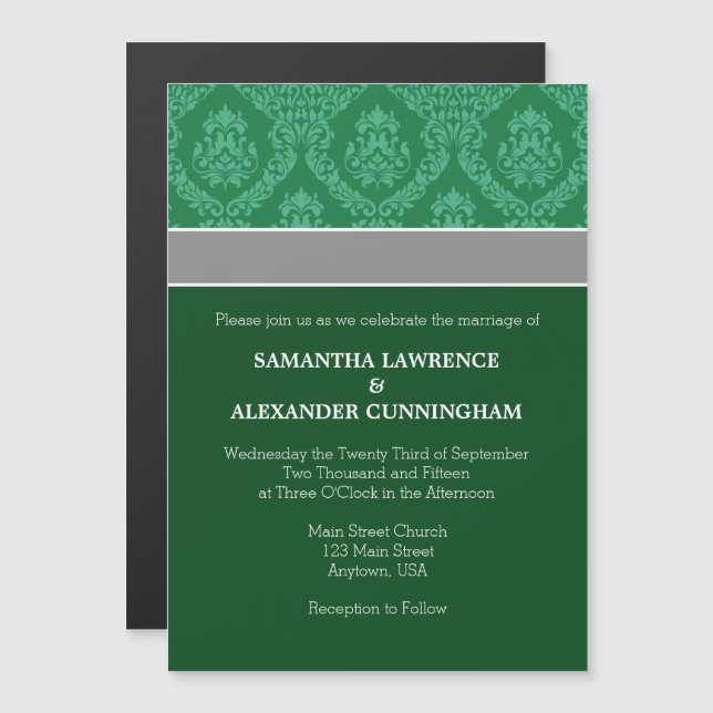 Dark Green Damask Magnetic Wedding Invitation (Front/Back)