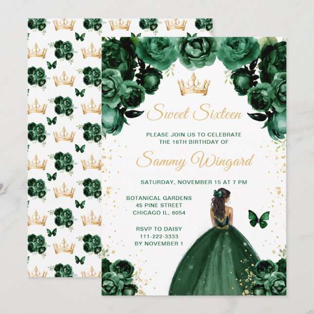 Dark Green Dark Skin Princess Sweet Sixteen Invitation (Front/Back)