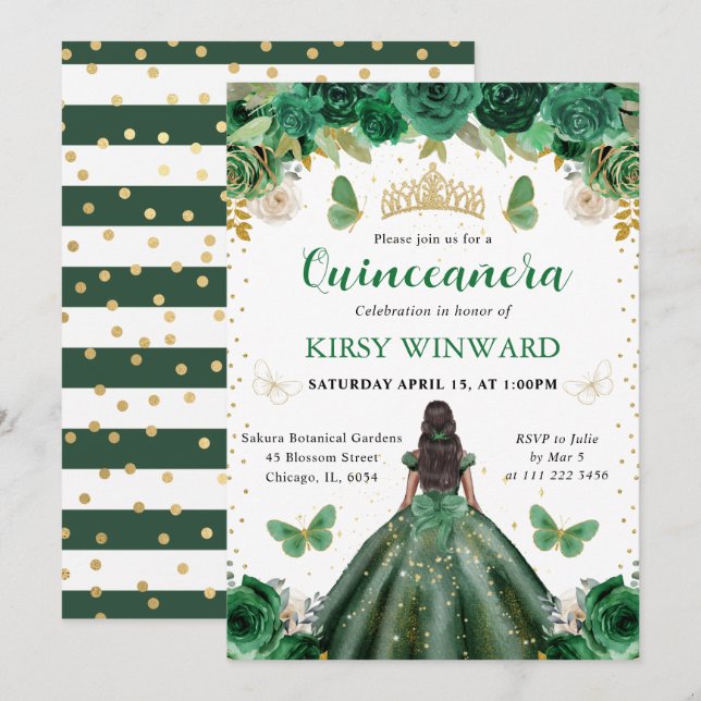 Dark Green Dress Dark Skin Princess Quinceanera Invitation (Front/Back)
