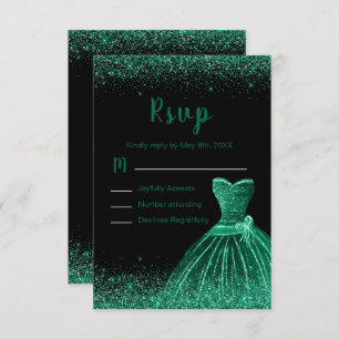 Dark Green Dress Faux Glitter Quinceanera RSVP Card