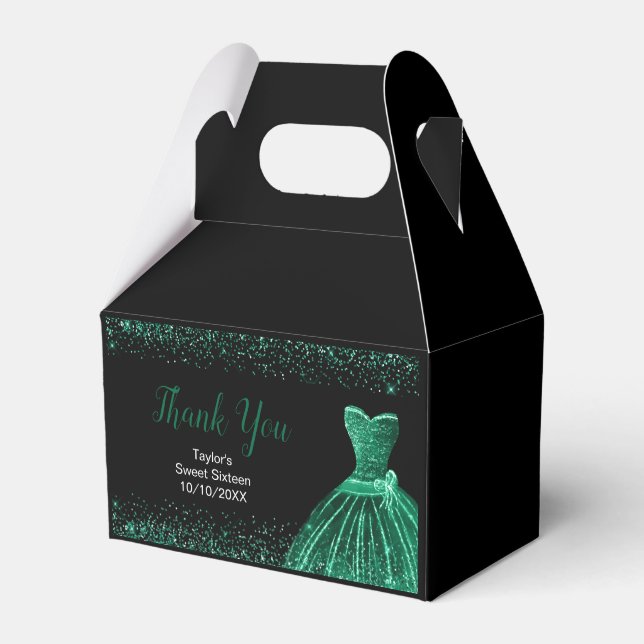 Dark Green Dress Faux Glitter Sweet 16 Birthday Favour Box (Front Side)