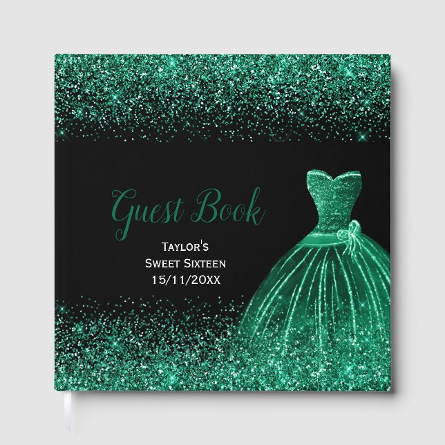 Dark Green Dress Faux Glitter Sweet 16 Birthday Guest Book (Front)